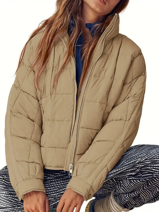 Pocketed Plaid Quilted Zip Up Winter Coat - Byyde