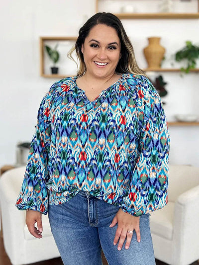 Double Take Full Size Printed Balloon Sleeve Blouse - Byyde