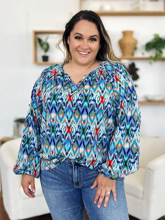 Double Take Full Size Printed Balloon Sleeve Blouse - Byyde
