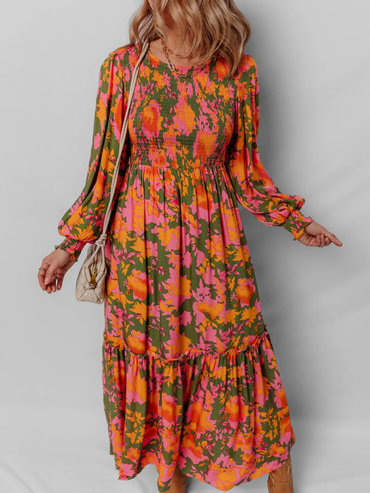 Smocked Floral Print Long Sleeve Maxi Dress - Byyde