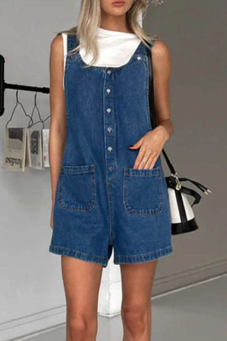 Button Front Denim Overall Shorts with Front Pockets - Byyde
