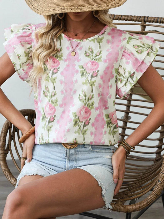 Floral Print Ruffled Sleeve Blouse - Byyde