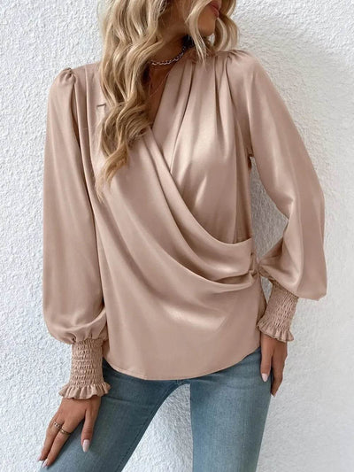 Surplice Smocked Lantern Sleeve Blouse - Byyde