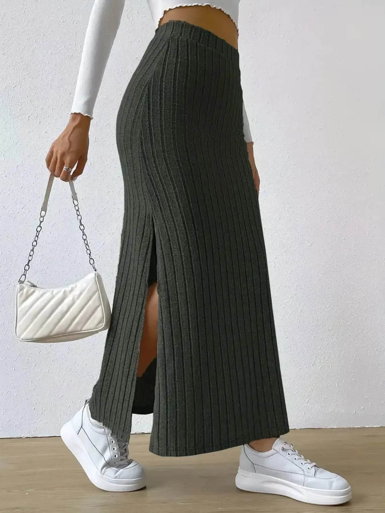 High Waist Ribbed Knit Maxi Skirt - Byyde