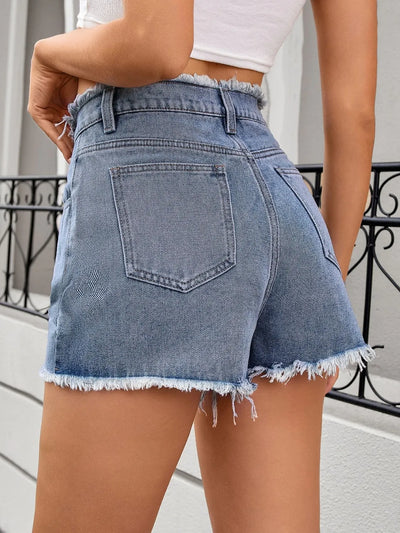 Washed Raw Hem Denim Shorts - Byyde
