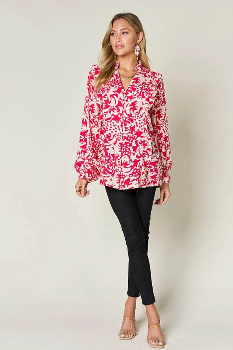 Double Take Full Size Printed Ruffle Trim Balloon Sleeve Shirt - Byyde