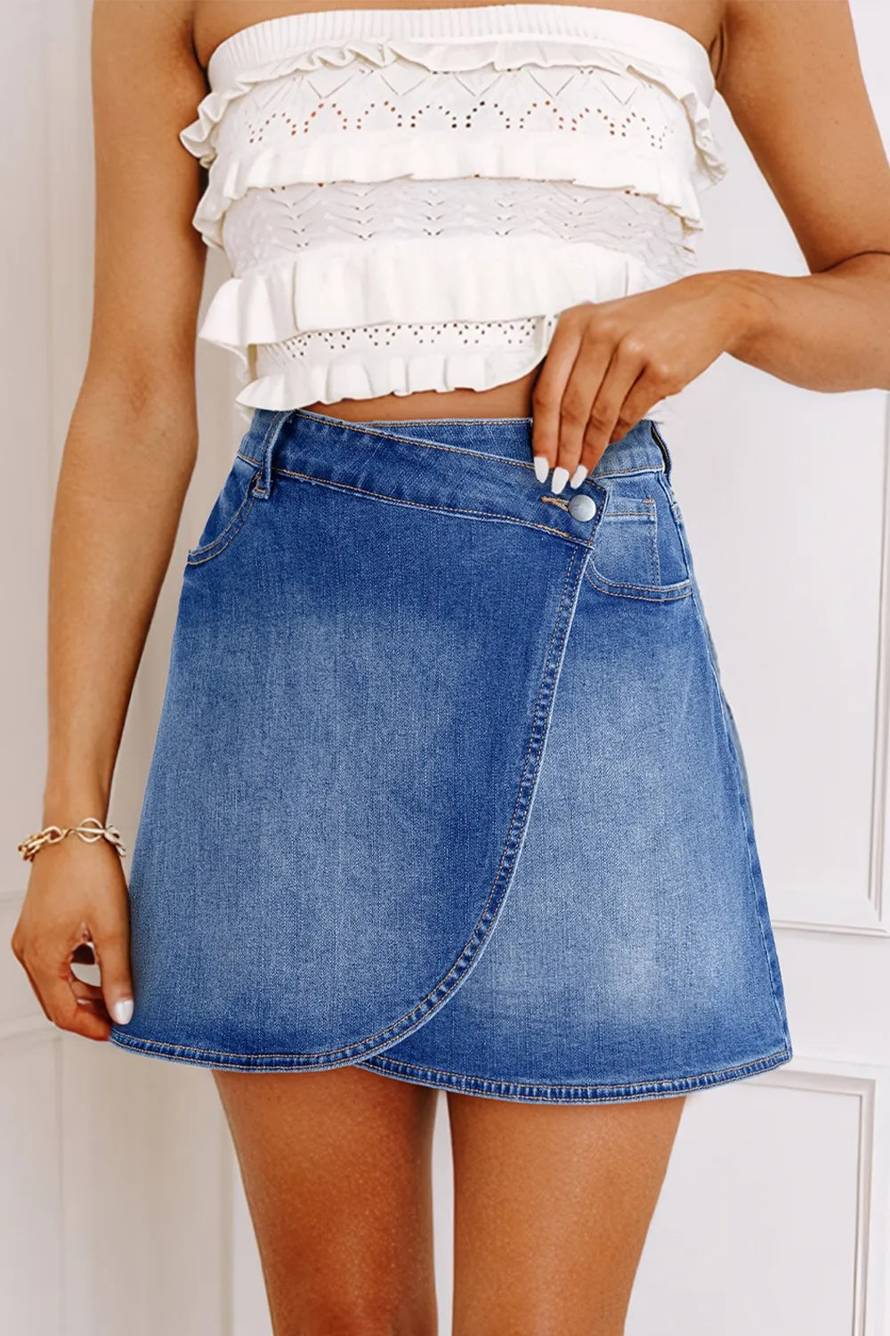 Wrapped Crossed Waist Denim Mini Skirt - Byyde