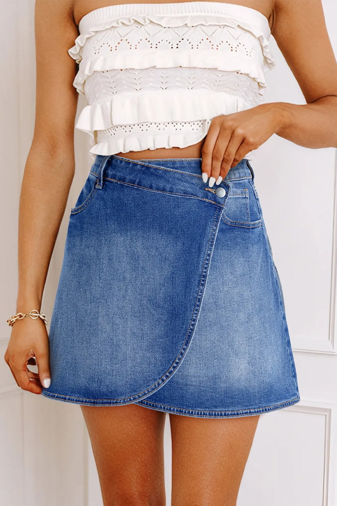 Wrapped Crossed Waist Denim Mini Skirt - Byyde