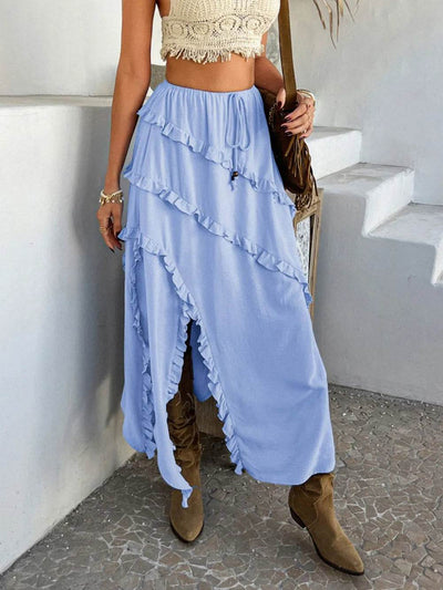 Devine Slit Drawstring Ruffled Skirt - Byyde