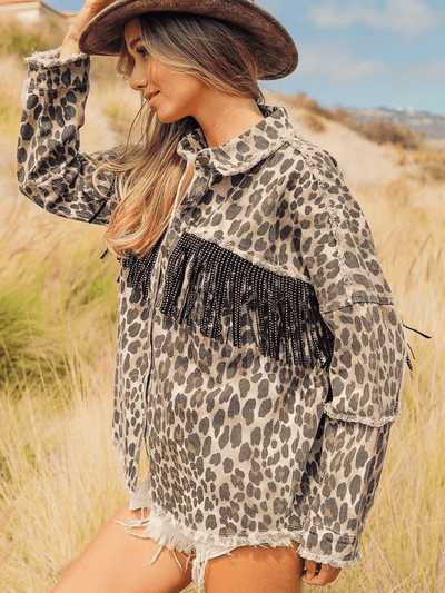 Leopard Fringe Detail Collared Neck Denim Jacket - Byyde