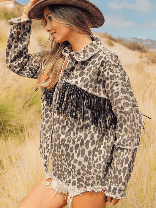 Leopard Fringe Detail Collared Neck Denim Jacket - Byyde