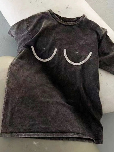 Rhinestone Round Neck Washed T-Shirt - Byyde