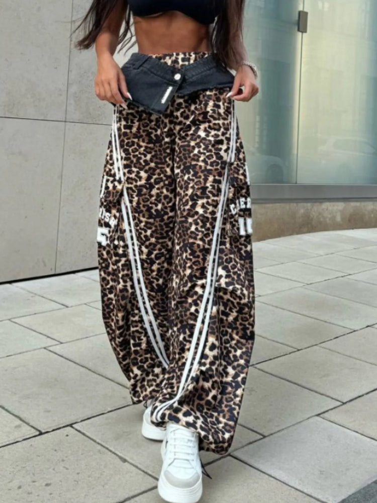 Leopard Print Wide Leg Pants with Side Stripe Detail - Byyde