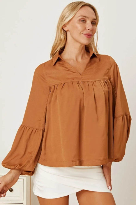 Balloon Sleeve Collared Neck Blouse - Byyde