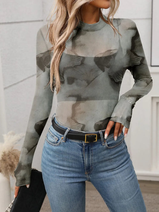 Printed Mock Neck Long Sleeve Mesh T-Shirt - Byyde
