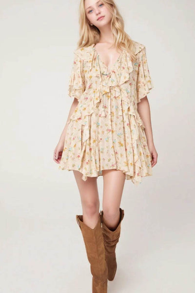 Boho Floral Tassel Tie V Neck Ruffle Wide Sleeve Mini Dress - Byyde