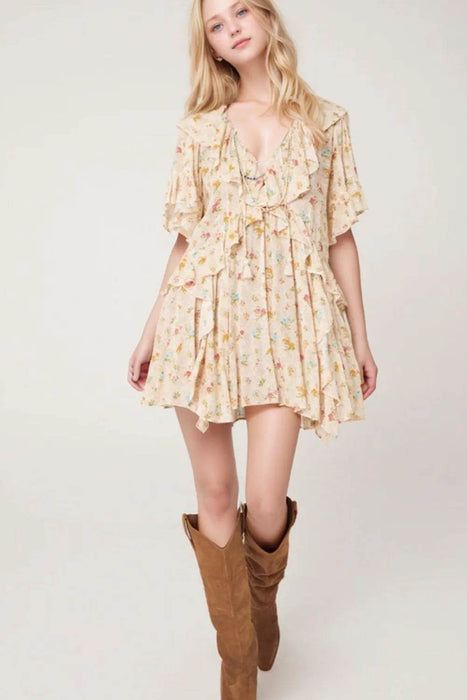 Boho Floral Tassel Tie V Neck Ruffle Wide Sleeve Mini Dress - Byyde