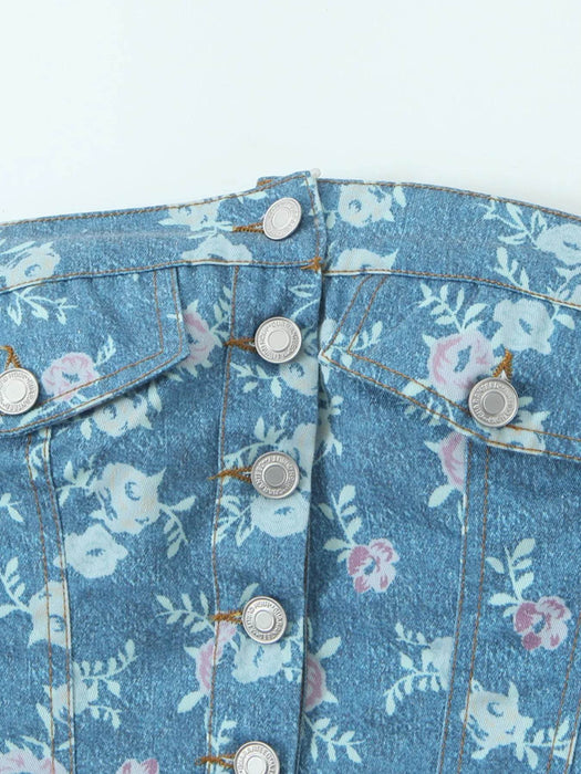 Floral Print Strapless Top and Skort Denim Set - Byyde
