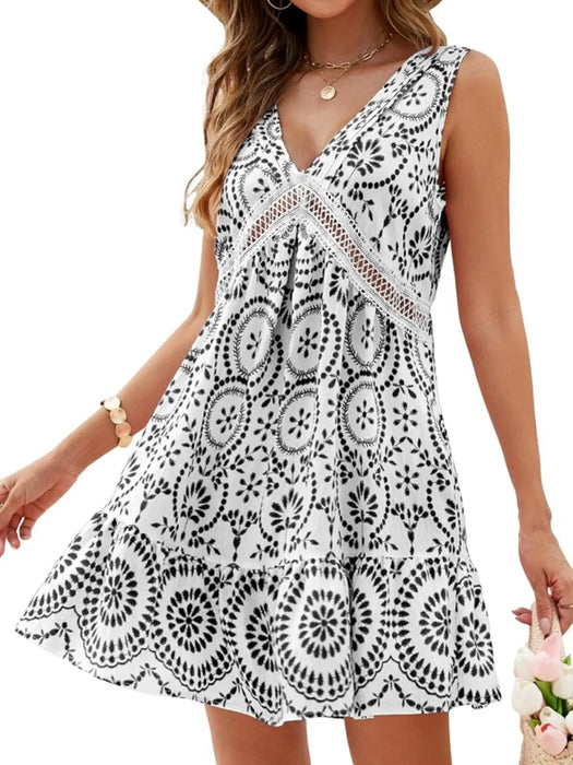 Printed V-Neck Sleeveless Mini Dress - Byyde