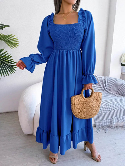Smocked Square Neck Flounce Sleeve Dress - Byyde