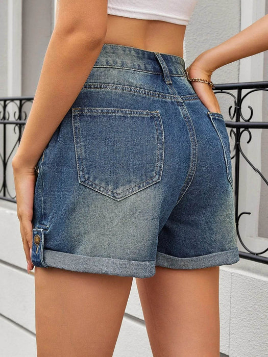 High Waist Rolled Hem Gradient Denim Shorts - Byyde