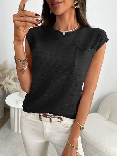 Round Neck Cap Sleeve Knit Top - Byyde