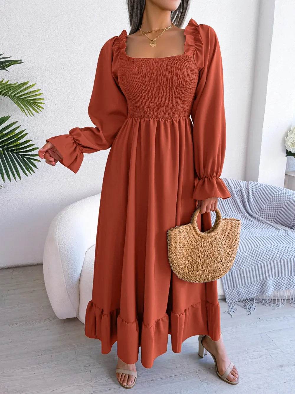 Smocked Square Neck Flounce Sleeve Dress - Byyde