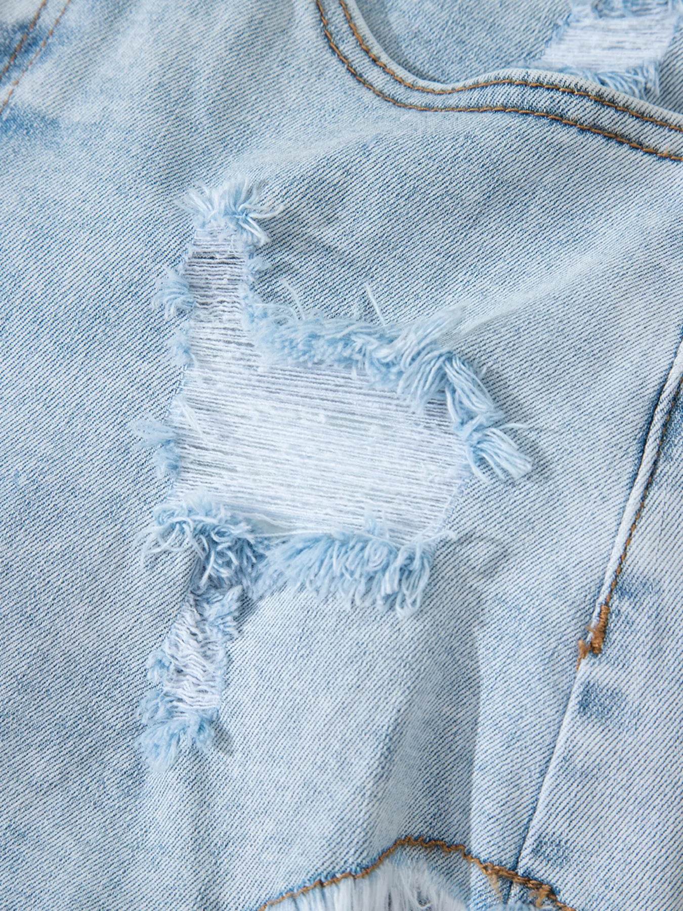 High Rise Distressed Raw Hem Denim Shorts - Byyde