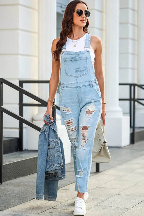 Distressed Denim Overalls with Pockets - Byyde