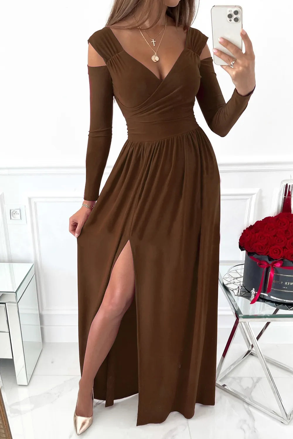 Slit Surplice Long Sleeve Maxi Dress - Byyde
