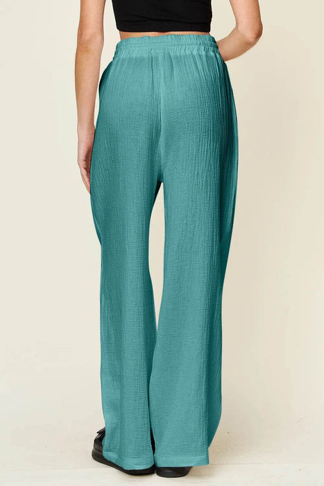 Double Take Full Size Texture Drawstring Wide Leg Pants - Byyde