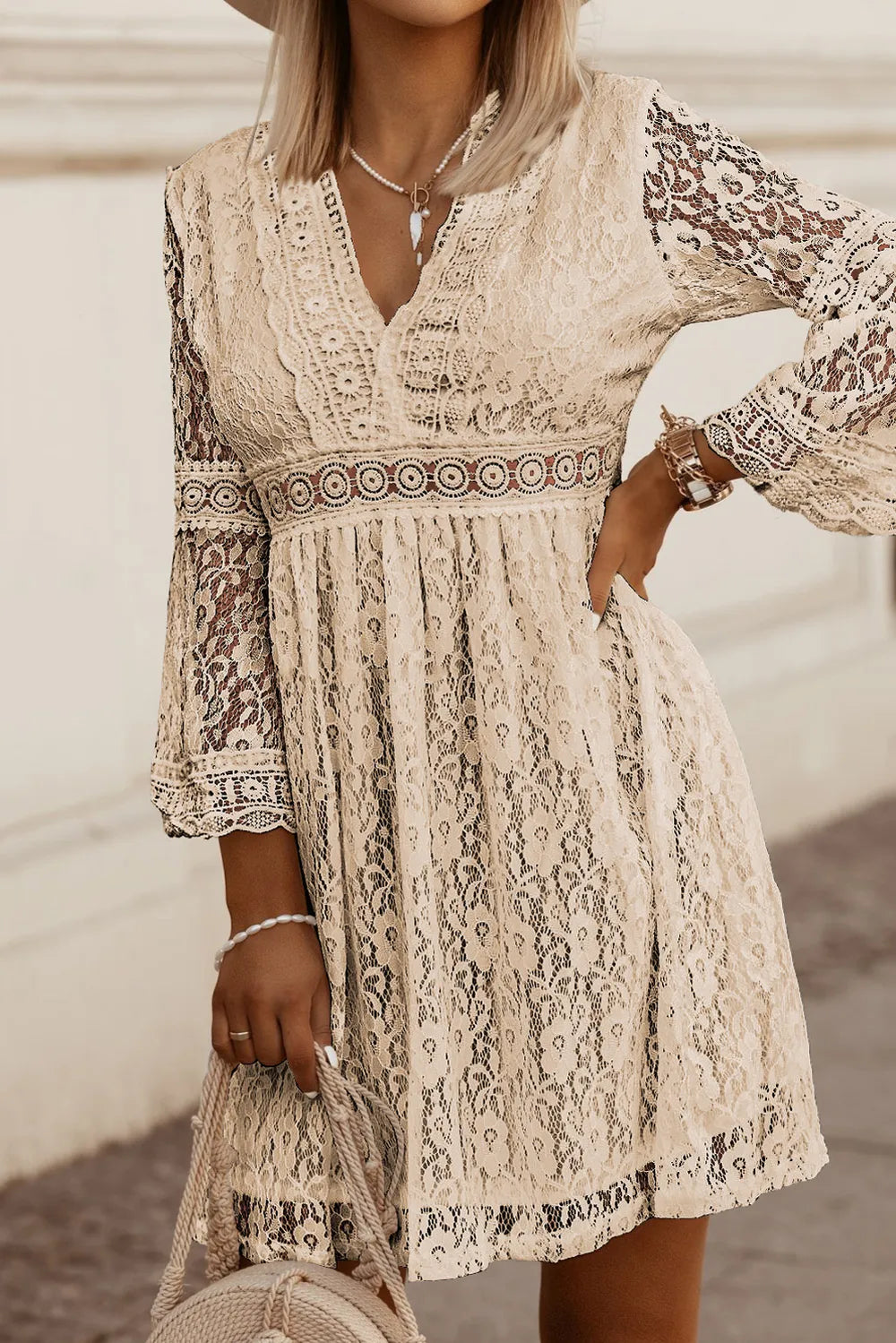 Lace V-Neck Three-Quarter Sleeve Dress - Byyde