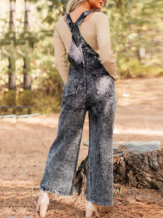 Vintage Washed Wide Leg Denim Overalls with Front Pockets - Byyde