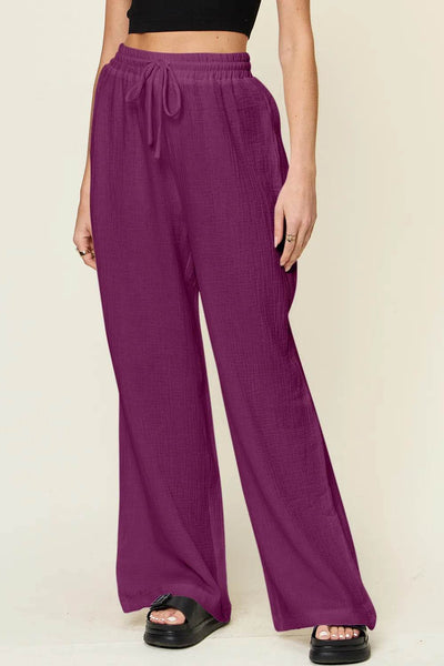 Double Take Full Size Texture Drawstring Wide Leg Pants - Byyde