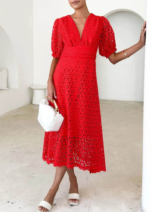 Eyelet Lace V-Neck Midi Dress with Puff Sleeves - Byyde