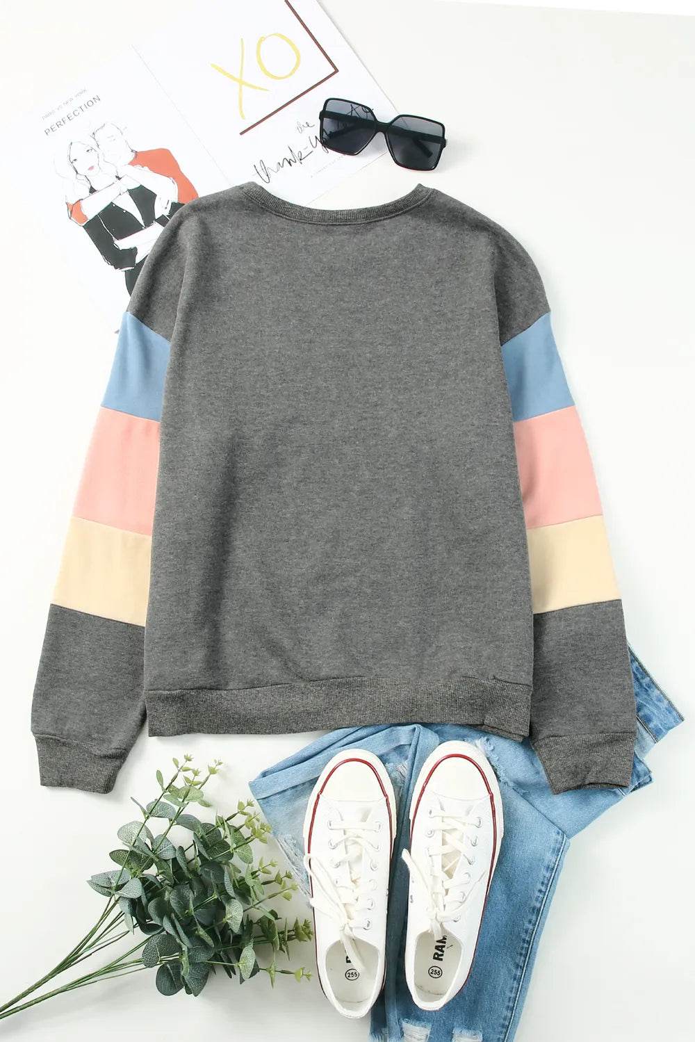 Color Block Round Neck Long Sleeve Sweatshirt - Byyde