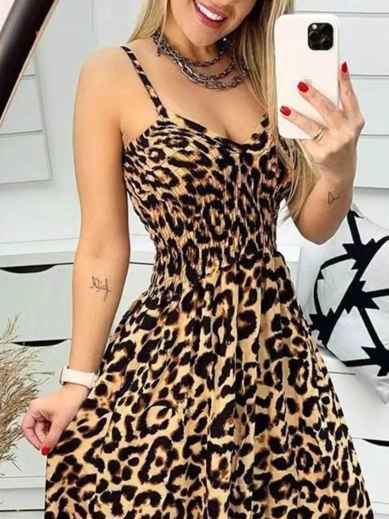 Full Size Leopard Print Spaghetti Strap Maxi Dress Plus Size - Byyde