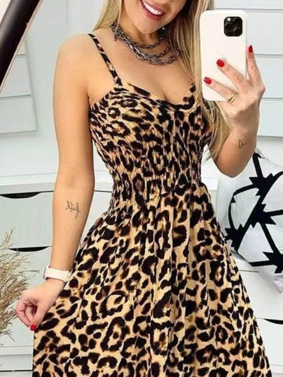 Full Size Leopard Print Spaghetti Strap Maxi Dress Plus Size - Byyde