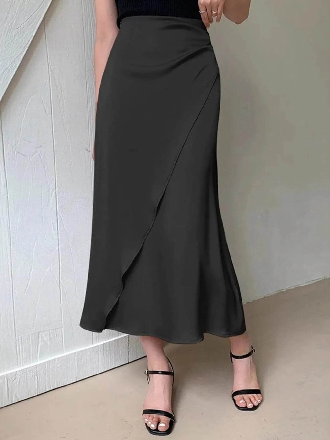 Asymmetric Wrap Midi Skirt with Fluted Hem - Byyde