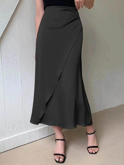Asymmetric Wrap Midi Skirt with Fluted Hem - Byyde