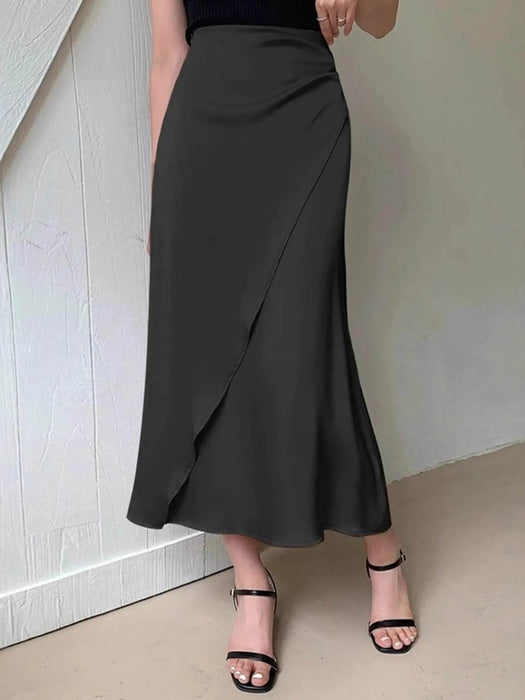 Asymmetric Wrap Midi Skirt with Fluted Hem - Byyde