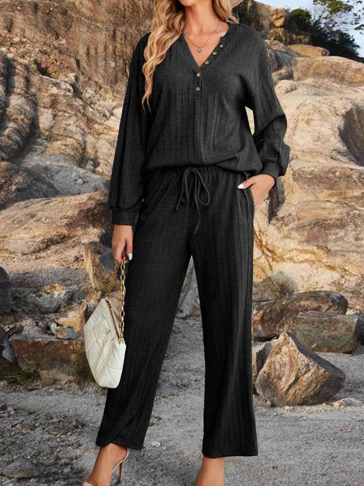 Ribbed Knit Top and Pants Lounge Set with Button Detail - Byyde