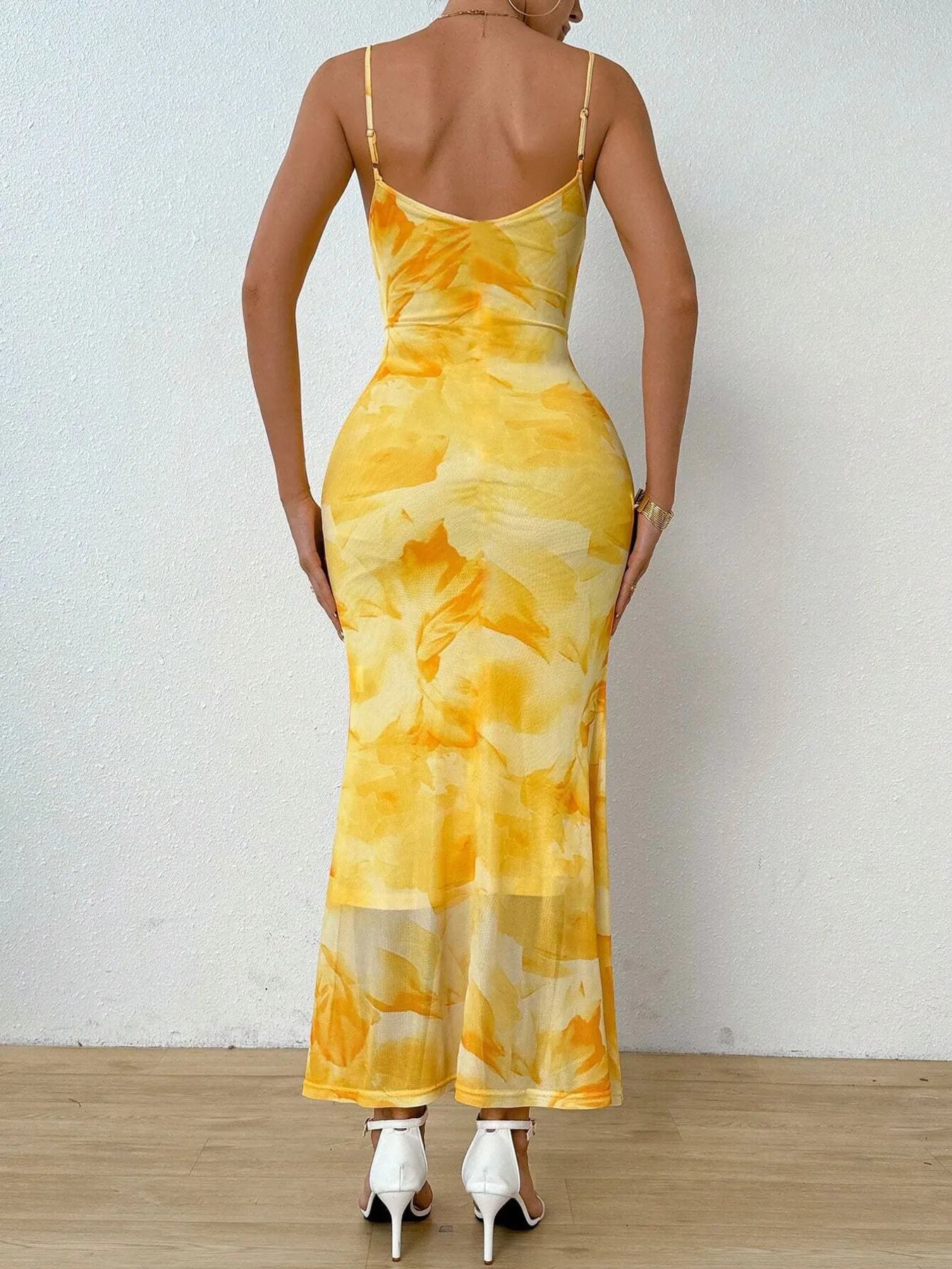 Tie-Dye Ruched Bodycon Mesh Cami Maxi Dress - Byyde