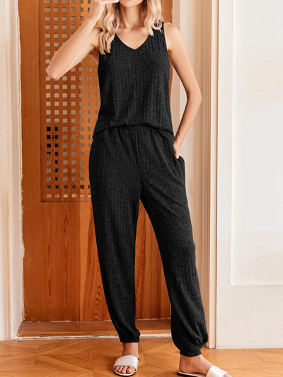 Ribbed Knit V-Neck Tank and Pants Lounge Set - Byyde