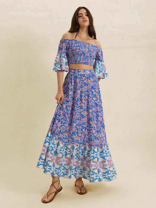 Smocked Off-Shoulder Printed Top and Skirt Set - Byyde