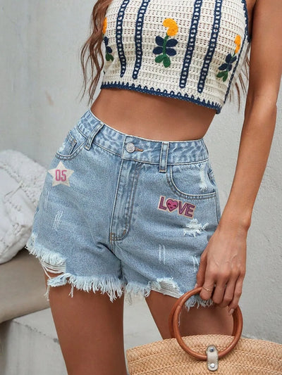 LOVE Distressed Raw Hem Denim Shorts - Byyde