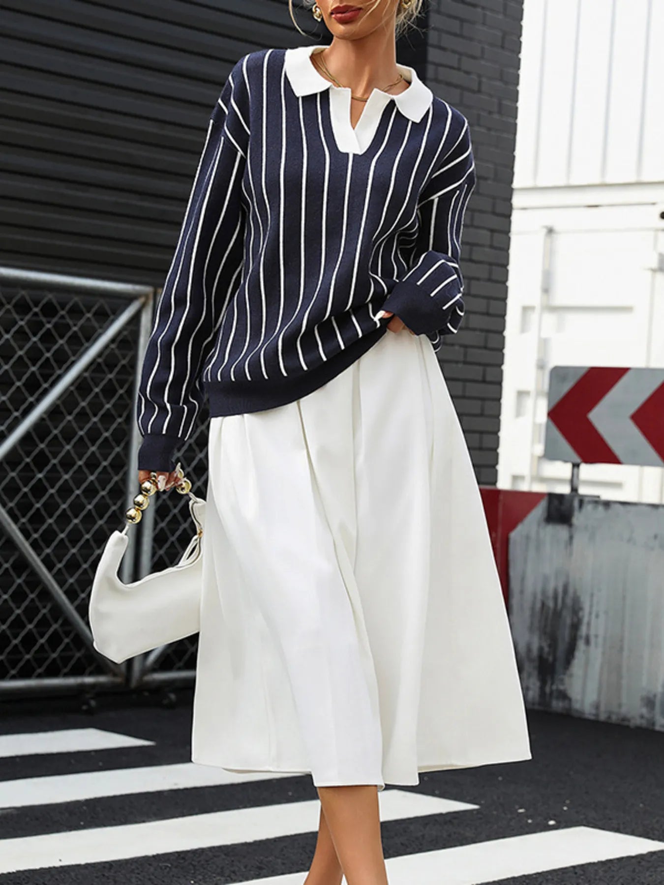 Stripe Contrast Collar Long Sleeve Knit Top - Byyde