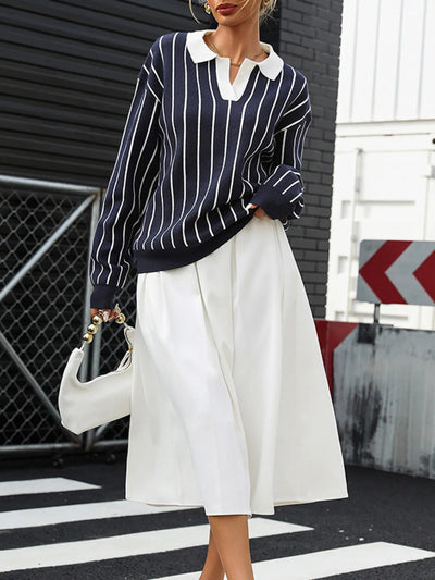 Stripe Contrast Collar Long Sleeve Knit Top - Byyde