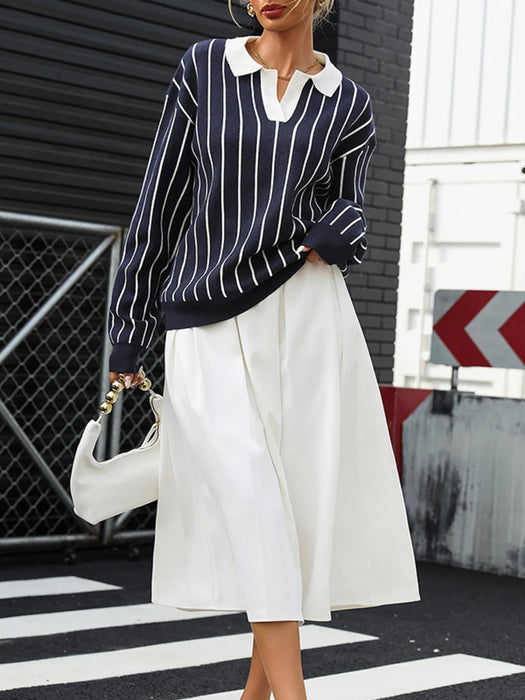 Stripe Contrast Collar Long Sleeve Knit Top - Byyde
