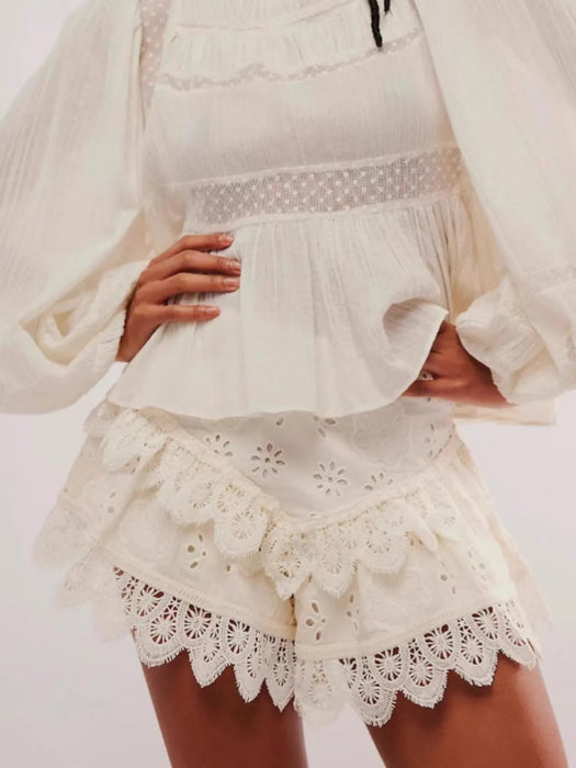 Lace Eyelet Ruffle Hem Shorts - Byyde
